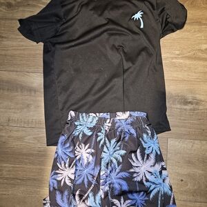Black T-Shirt with Blue Palm Tree Shorts